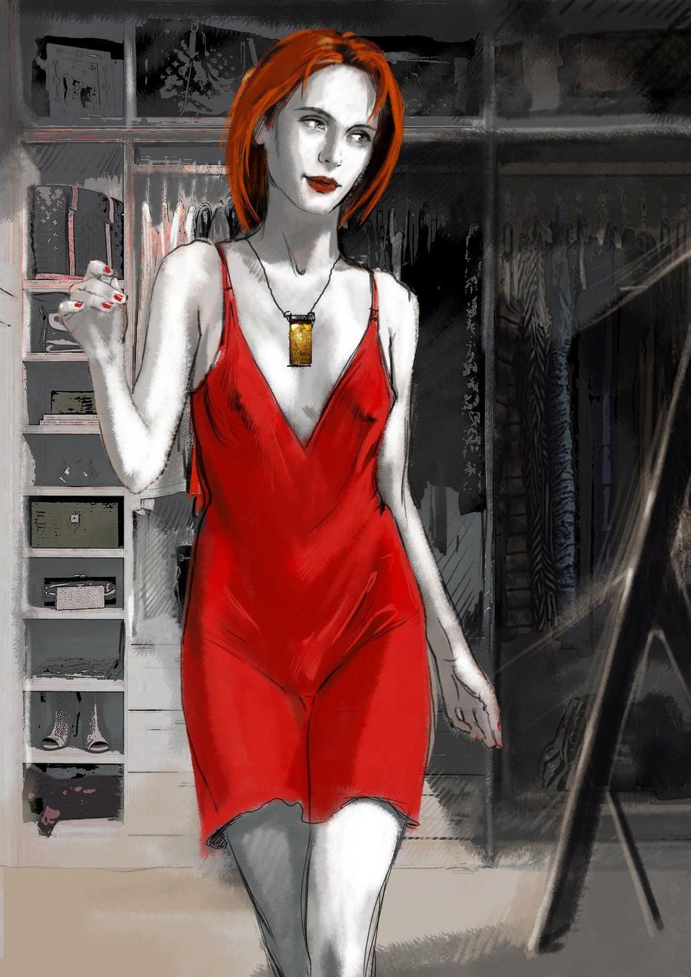 Illustration: the same red-haired woman now in the red slip dress, an amber pendant at her throat, walking out of the wardrobe and glancing aside