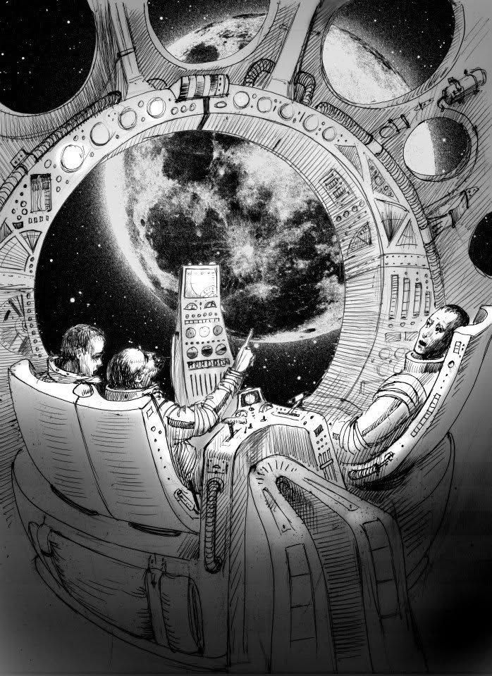Illustration: three cosmonauts in a round cockpit facing a huge porthole, the Moon filling the view