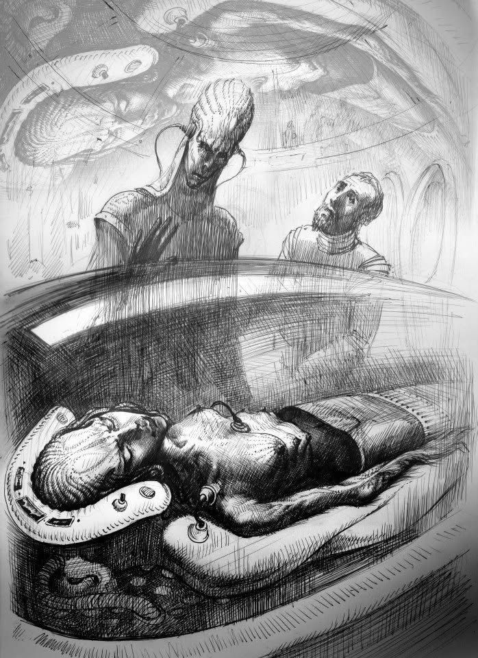Illustration: two figures look down at a body lying in a capsule, wired to the controls