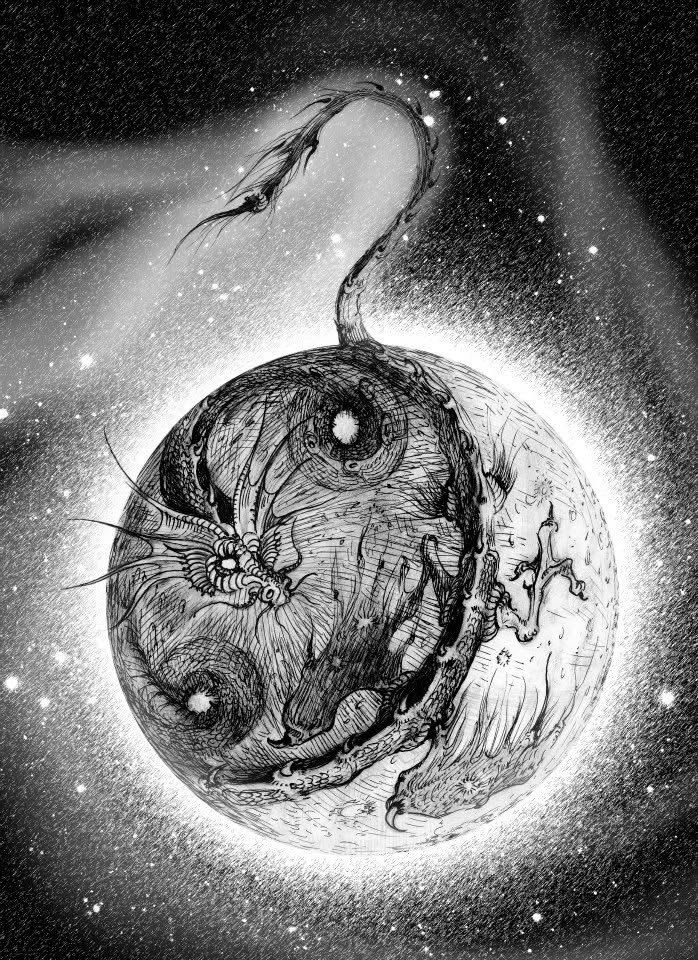 Illustration: a dragon coiled around a planet among the stars