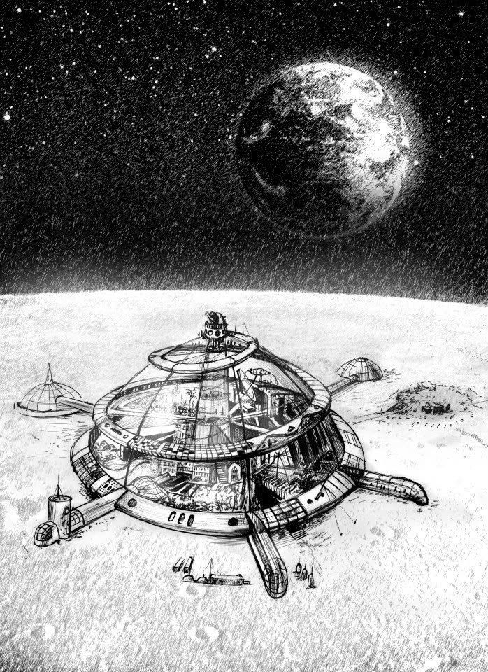 Illustration: a domed lunar base with radiating corridors, the Earth rising above the horizon