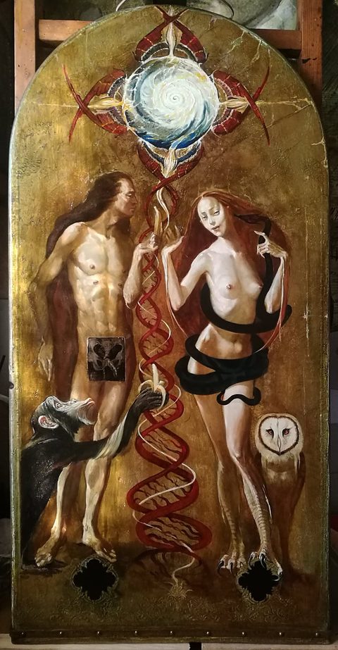 Adam Lilit: a nude man and a red-haired woman on a gold arched panel, a red double helix rising between them from a swirling white sphere framed by red wings; an ape with a banana at his side, a black serpent around her and a barn owl at her feet
