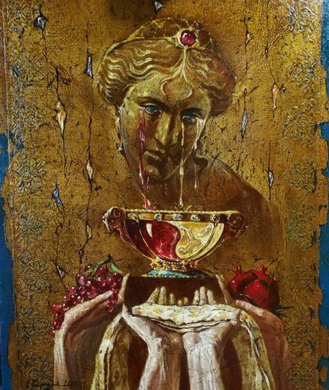 Anahit: a golden classical bust of the goddess weeping red and gold tears into a jewelled bowl, hands below holding flat bread, grapes and a pomegranate, on a cracked gold ground with a blue edge