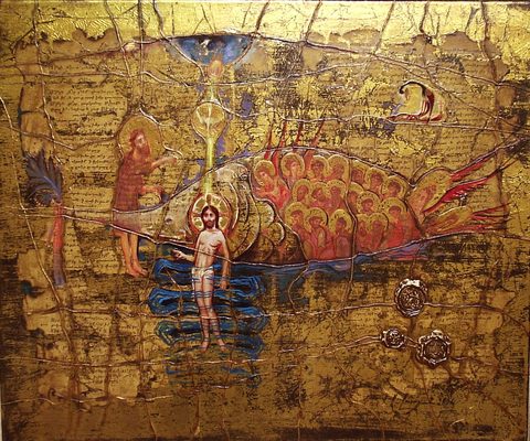 The Baptism: Christ standing in blue water, John the Baptist reaching towards him, a ray of light falling from above, a great fish filled with haloed figures behind them, on gold over Armenian manuscript pages under a net of cords, with three wax seals