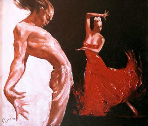 Flamenco (Black and White): a man’s pale twisting torso on the left, a woman in a red dress dancing on a black ground behind him