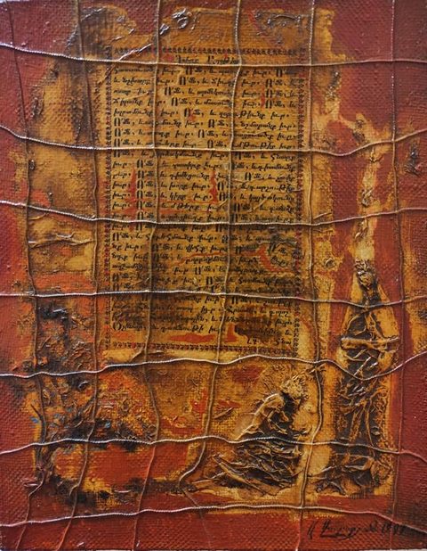 Book of Prayers: an old Armenian manuscript page with red initials on a red and ochre ground, covered by a net of cords, two small relief figures in the lower right, one kneeling and one standing