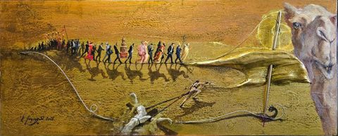 Only the Camel Passed Through the Eye of the Needle: on a gold panel, a procession in suits and robes walks along a wire toward the eye of a bronze needle, their shadows shaped like camels; below, a man drags a white crucified figure up with ropes past a dragon at the foot of the needle; a camel watches from the right edge