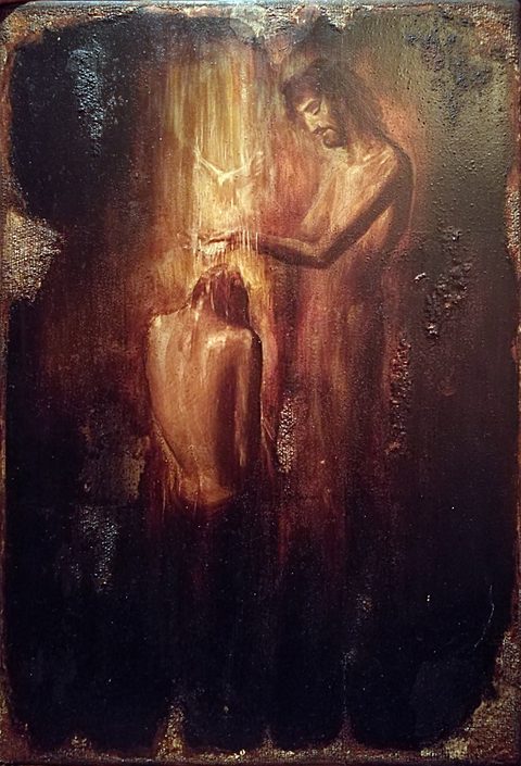 The Baptism of Christ: on a dark worn ground, a standing bearded figure with bowed head pours water over a kneeling figure seen from behind, a white dove descending in a shaft of light between them