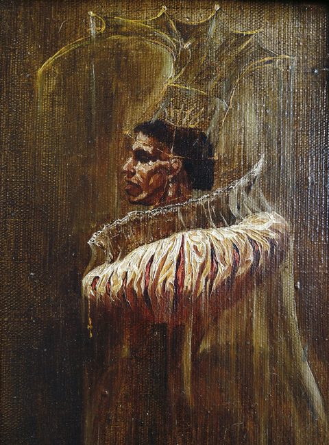 Untitled: a dark-skinned man in profile with an earring and a high ruffled collar over a red and cream striped cloak, a tall crown drawn above his head in thin lines of gold, on brown canvas