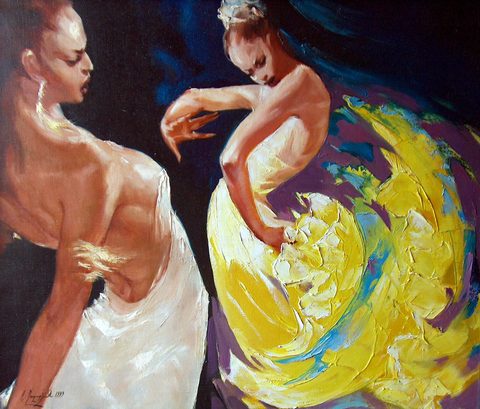 Dancers (Flamenco): a man in white with his back turned, singing, and a woman spinning in a swirling yellow dress on a dark ground