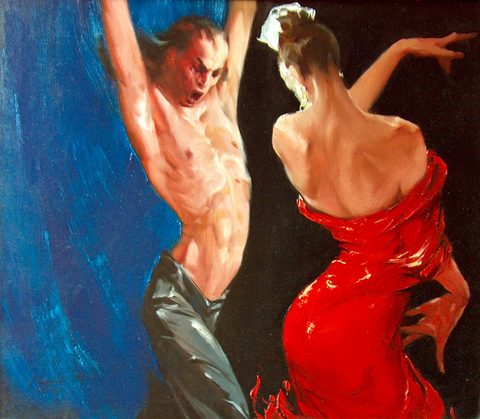 Element (Flamenco): a shirtless man with raised arms shouting against a blue ground, a woman in a red dress seen from behind