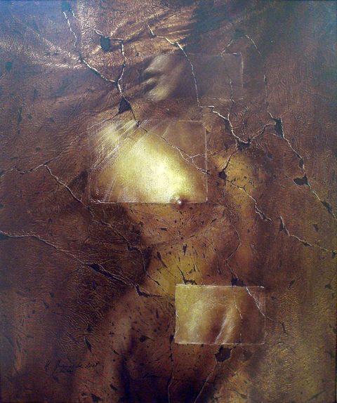 Emotion: a figure almost lost in a cracked brown surface, with three lit squares showing a turned face, a breast and a hip