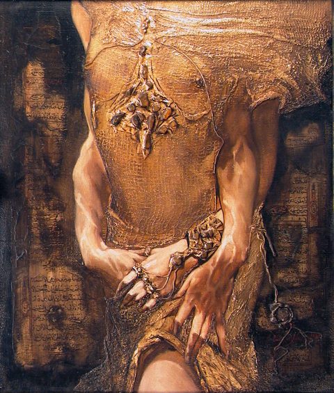 Feeling: a torso in a gilded net with an amber ornament on the chest, hands with rings and chains meeting at the waist, on pages of Arabic script