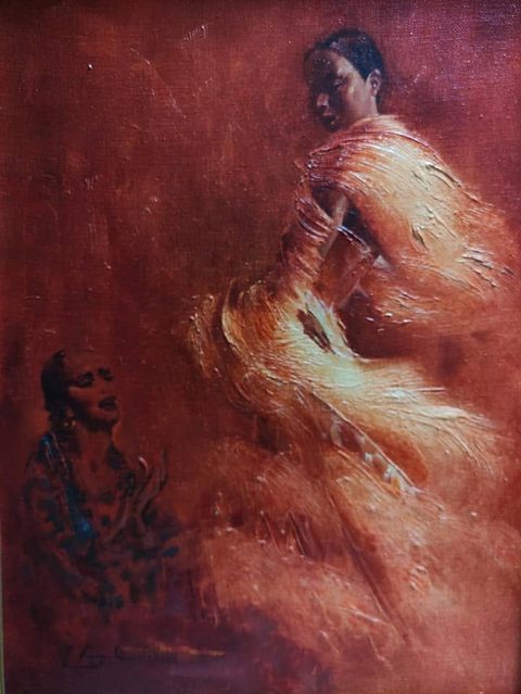 Flamenco: a dancer turning in a blur of ochre and white strokes against a deep red ground, a woman in a dark shawl clapping and singing at the lower left