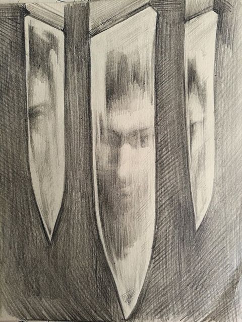 Behind the Bars: a blurred face seen through the gaps between heavy pointed bars
