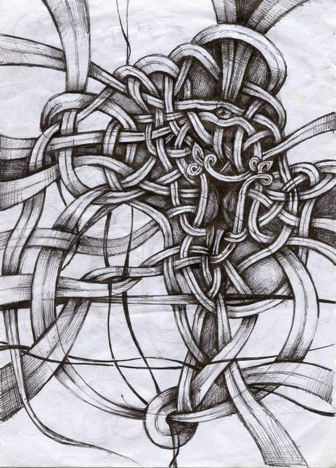 Knot: interlaced ribbons forming a dense knot, with an eye hidden in the middle
