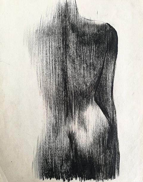 Nude in Charcoal II: a standing torso from behind in vertical charcoal strokes