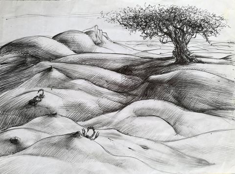 Dunes: rolling dunes shaped like a body, a wind-bent tree on the ridge and two scorpions