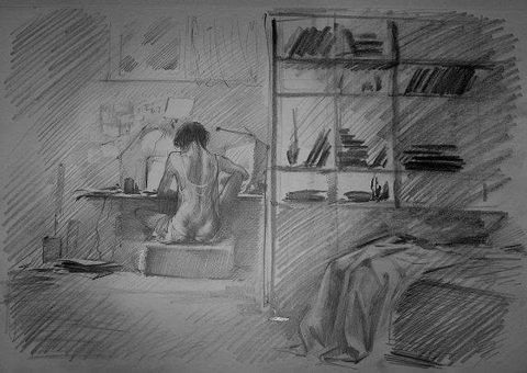 At the Desk: a woman seen from behind at a desk, bookshelves and an unmade bed in the room