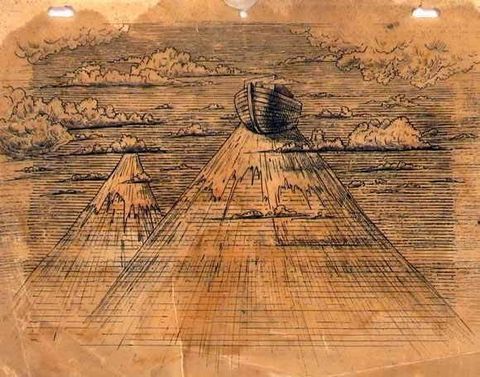 The Ark on Ararat: Noah’s ark on the summit of Ararat, the two peaks as pyramids above clouds