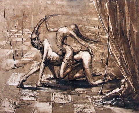 Two Figures: a horned crouching figure carrying another on its back, a curtain at the right, in sepia
