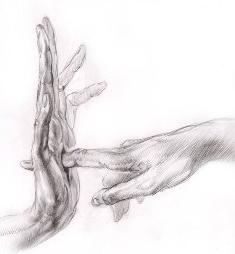 Two Hands: one hand raised flat and another touching it with one finger