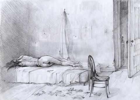The Bed: a woman lying face down on a bed, photographs scattered on the floor, a door open