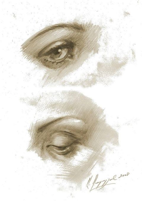 Eyes I: two studies of an eye, one open and one closed, in sepia