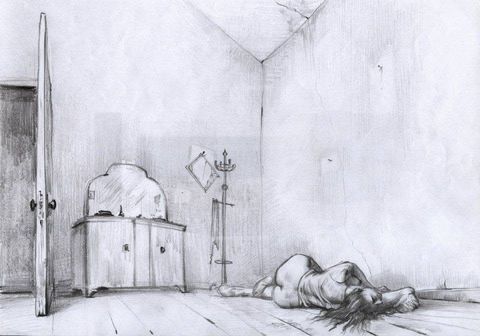 The Empty Room: a woman lying curled on the floor of an empty room with a dresser and a coat stand