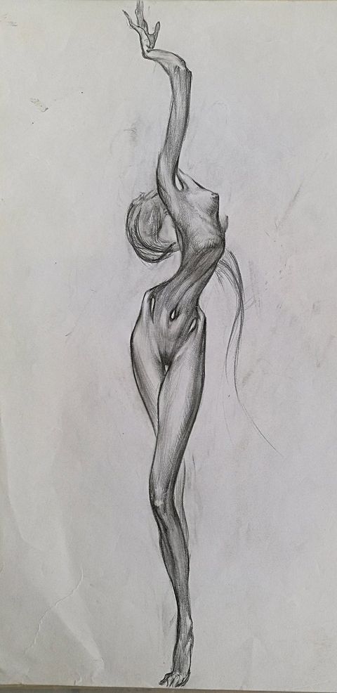 Standing Nude: a slender standing nude stretching upward with one arm raised