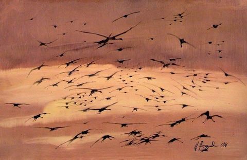Flight: a large flock of birds in flight against a rose and gold evening sky