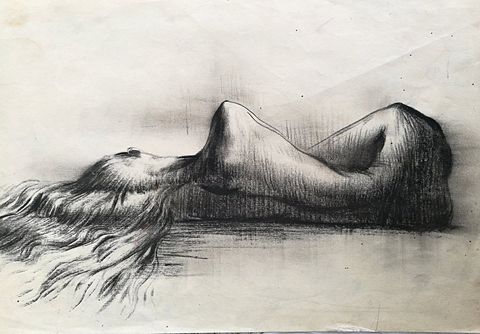 Reclining Nude: a reclining nude in charcoal, hair spilling down, knees raised like hills