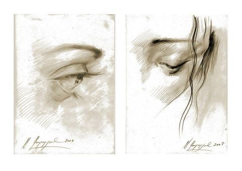 Eyes II: two sepia studies of eyes, one in profile and one lowered behind strands of hair
