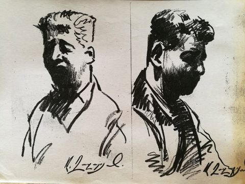 Two Heads: two quick black crayon portraits of a bearded man