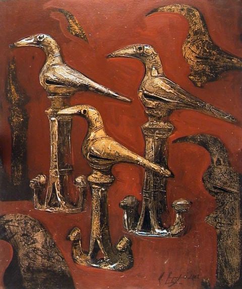 Bronze Birds: three gilded bird-topped bronze standards in relief on a red ground