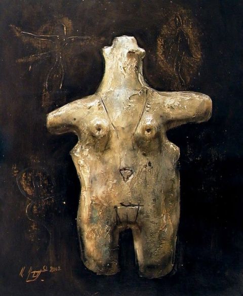 Idol: a pale cracked female figurine like an ancient idol on a dark ground