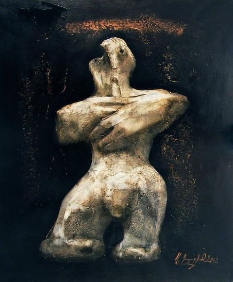 Figure: a pale relief figure with crossed arms and head thrown back on black