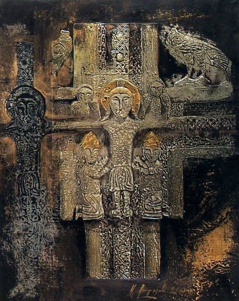 Crucifixion: a crucifixion in silvered and gilded relief like old Armenian stone carving, interlace on the cross