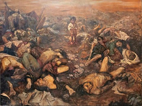 Genocide: under a rust-coloured sky the bodies of the dead lie across the land to the horizon; at the centre a small barefoot child in a torn shirt stands alone among them, crying