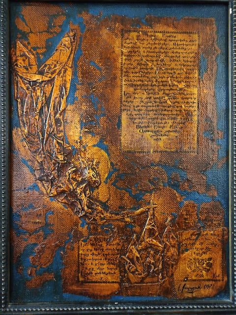 Gregory the Illuminator: a haloed figure in crumpled gilded relief descending from the upper left towards a small church at the bottom, among old Armenian manuscript pages on a blue and burnt-gold ground