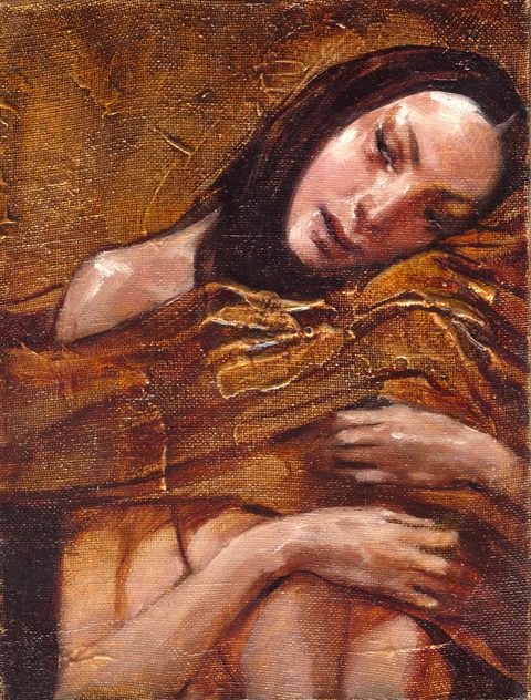 Hasmik: a young woman with long dark hair resting her head on gilded cloth, eyes closed, arms folded over her knees