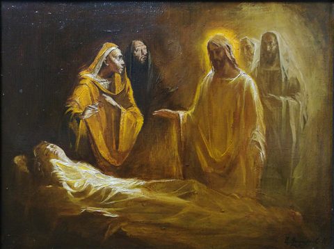 The Raising of Jairus’ Daughter: in a dark room a girl lies in a white shroud; Christ, glowing with a halo, reaches a hand towards her; a woman in a yellow robe turns to him with open hands, a hooded man stands in shadow, and pale figures appear behind Christ
