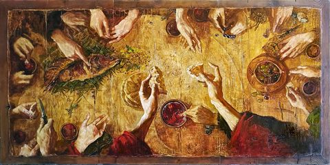 The Last Supper: a long wooden table seen from above with only hands around it, breaking bread, dipping it in red wine, reaching for fish on a woven mat, olives, grapes and cups, in a wooden frame