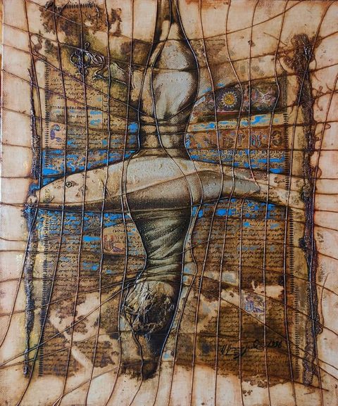 The Raising of Lazarus: a tall figure wound in grave clothes stands in the centre, a large pale fish lying across it to form a cross, over Armenian manuscript pages touched with blue, all under a stretched net of cords