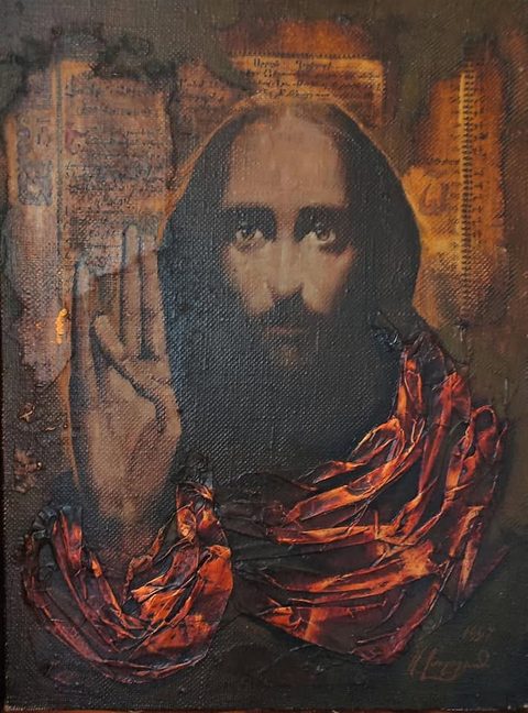 Love One Another, as I Have Loved You: Christ facing forward with large dark eyes and raised right hand, against fragments of old Armenian manuscript pages, a red robe built up in crumpled relief around his shoulders