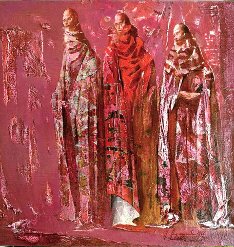 The Magi: three tall figures with shaved heads wrapped in long patterned cloaks of rose, red and white, standing side by side against a deep rose ground