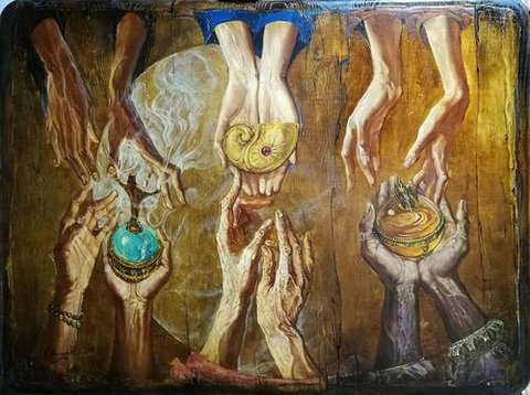 The Magi and the Myrrh-Bearing Women: on dark wood, hands reaching down from above offer a golden shell, a smoking turquoise vessel and a gold casket to old hands rising from below