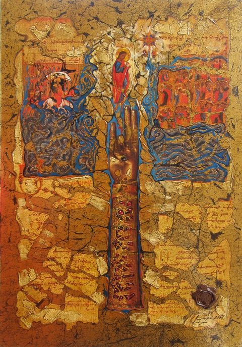 Moses: a gilded reliquary arm with raised hand rising through the centre between two masses of blue waves, a horseman miniature on the left and a crowd on the right, a haloed figure in red above, on a ground of manuscript fragments