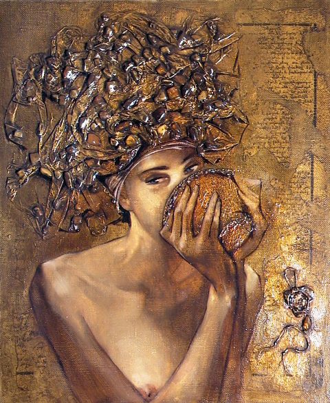 Nectar: a woman with a tall gilded headdress set with amber stones drinking from a golden vessel, on a ground of manuscript pages and gold