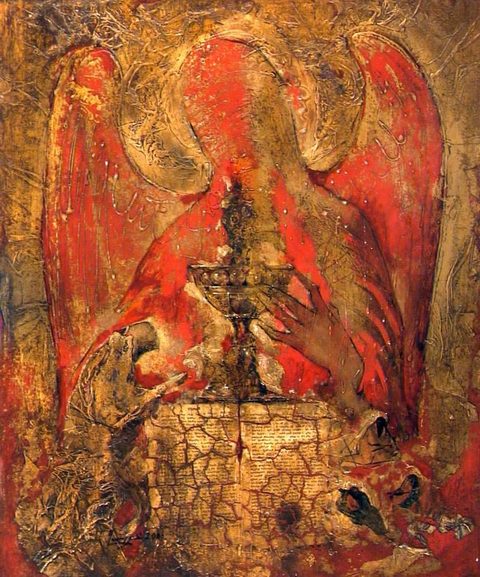 The Prayer on the Mount of Olives: a great red-winged angel holding a gold chalice, Christ kneeling at the left before a stone of cracked manuscript pages, the bowed heads of sleeping disciples at the lower right